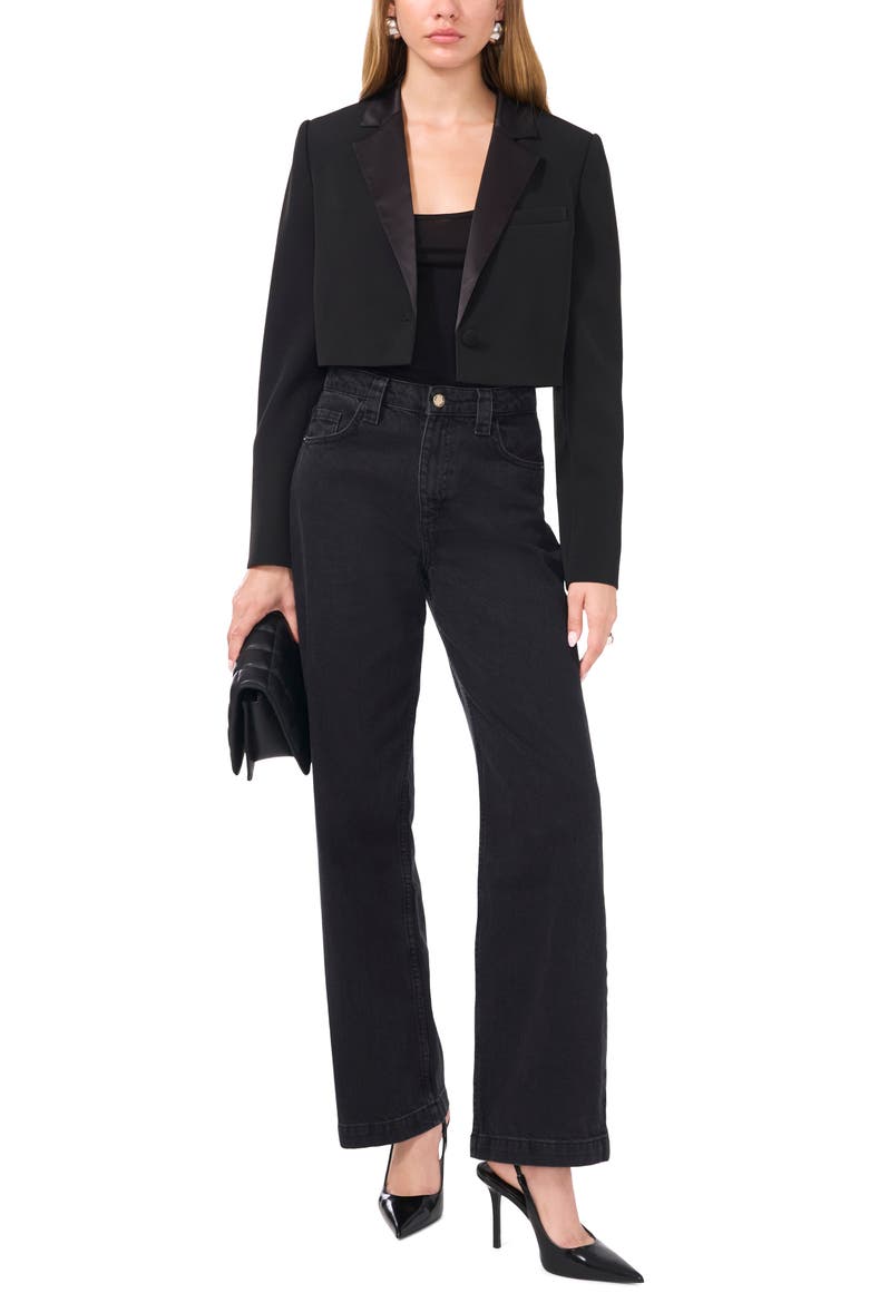 Satin Lapel Crop Tuxedo Blazer, Alternate, color, RICH BLACK