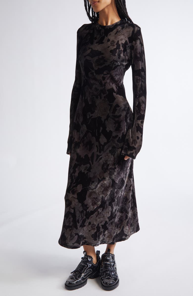 Collina Strada Yuri Leopard Floral Long Sleeve Crepe Dress, Main, color, Black Watercolor Roses