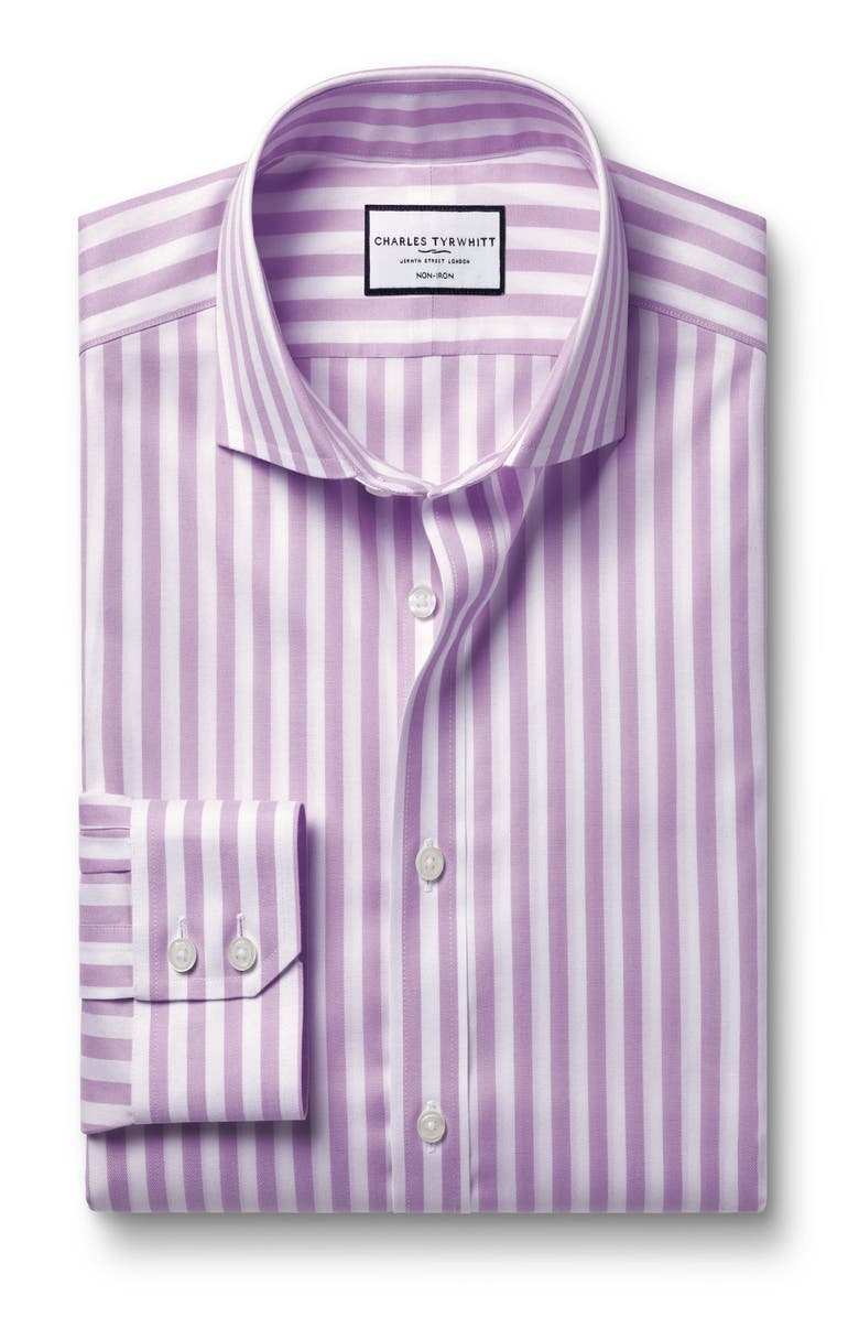 Charles Tyrwhitt Wide Stripe Non-Iron Twill Cutaway Slim Fit Shirt Single Cuff, Alternate, color, Lilac Purple
