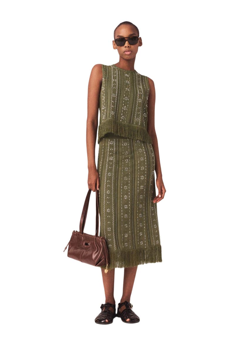 Knit skirt with rhinestone flowers, Main, color, Khaki