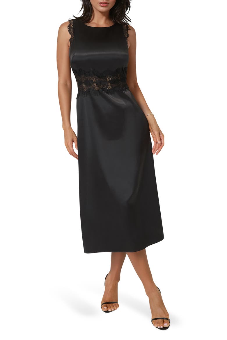 Lace Trim Satin Cocktail Dress, Main, color, BLACK