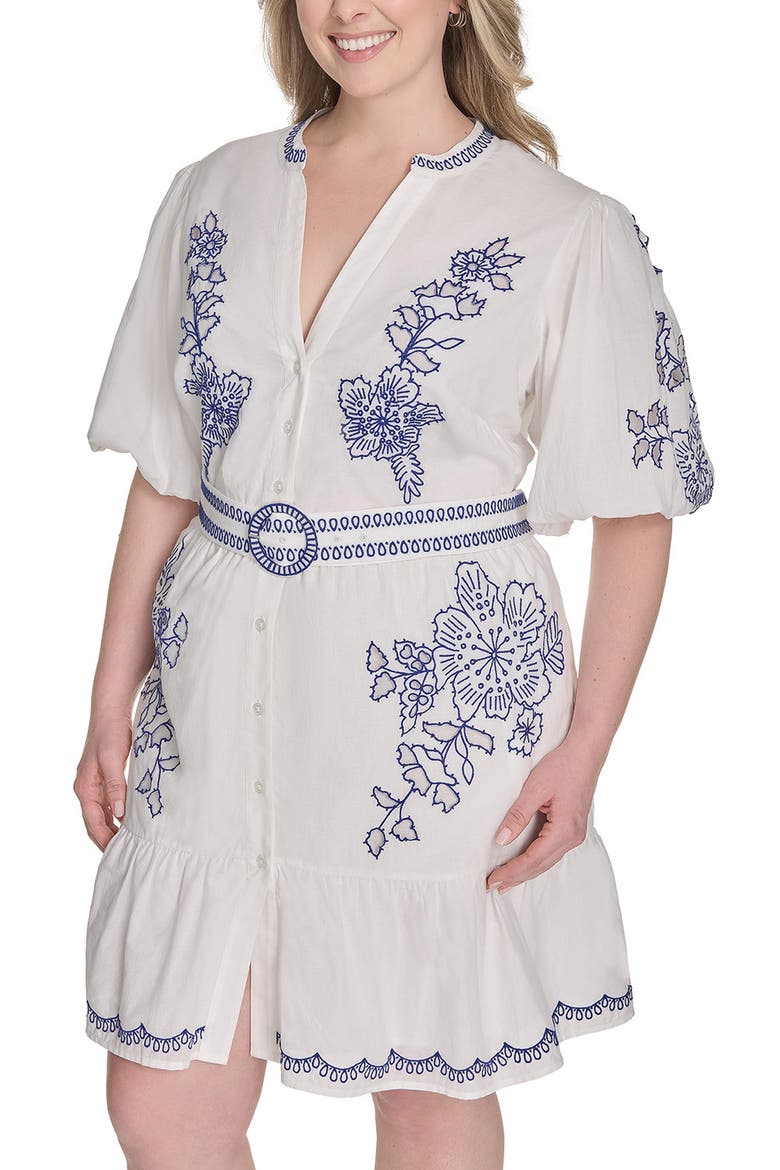 Embroidered Detail Short Sleeve Cotton Shirtdress, Alternate, color, IVORY BLUE