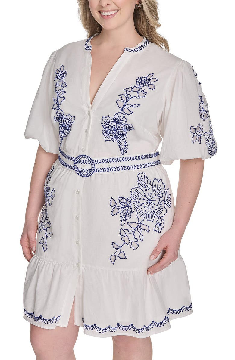 Eliza J Embroidered Detail Short Sleeve Cotton Shirtdress, Alternate, color, Ivory Blue