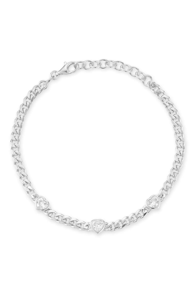 Cubic Zirconia Heart Station Curb Chain Bracelet, Main, color, SILVER