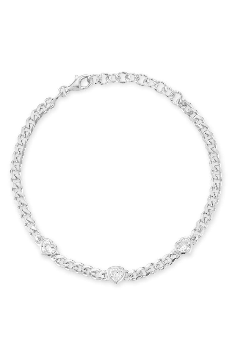 GLAZE JEWELRY Cubic Zirconia Heart Station Curb Chain Bracelet, Main, color, Silver