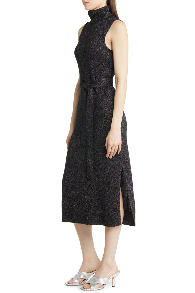 Zoelle Tie Waist Turtleneck Sweater Dress, Alternate, color, BLACK/ GUNMETAL