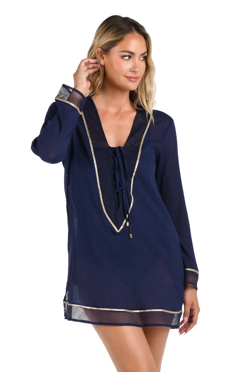 La Blanca Fields Long Sleeve Cover-Up Tunic, Alternate, color, Indigo