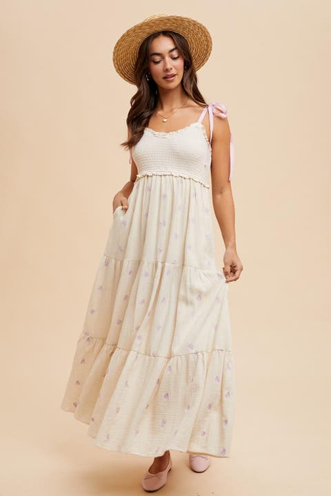 Embroidered Smocked Shoulder Tie Maxi Dress