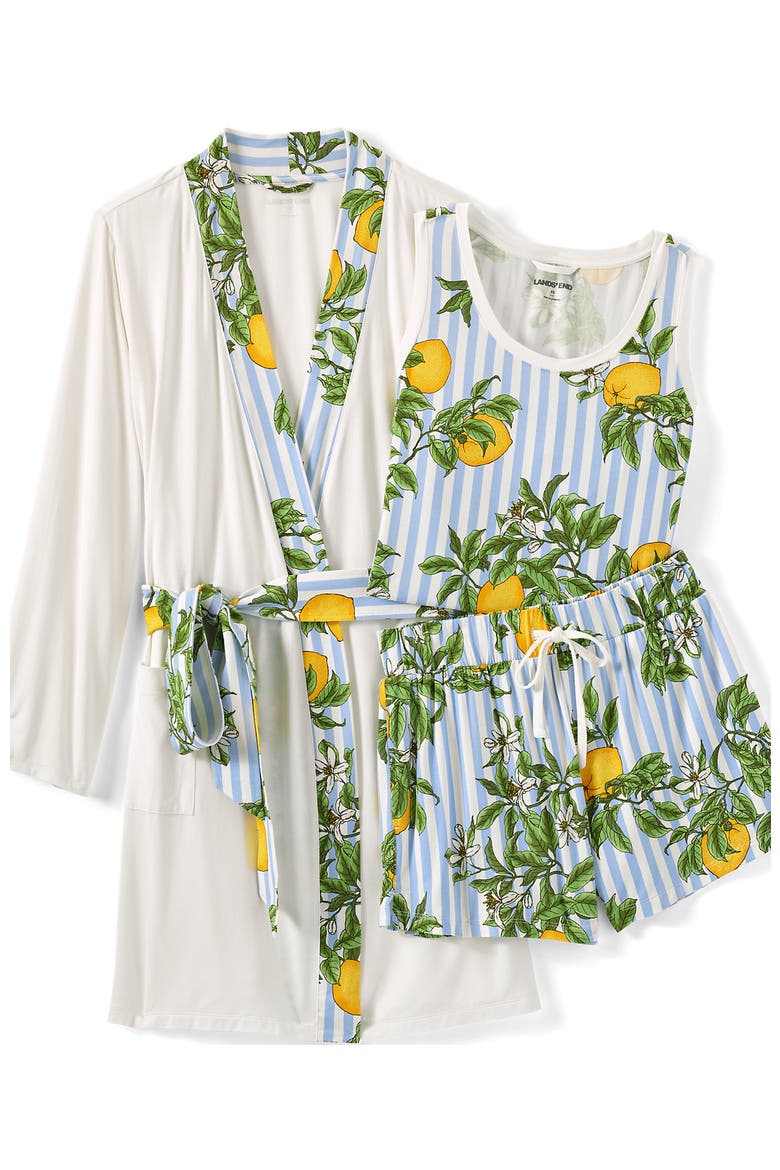 Cooling 3 Piece Pajama Set - Robe Tank and Shorts, Alternate, color, Misty Blue Citrus Stripe