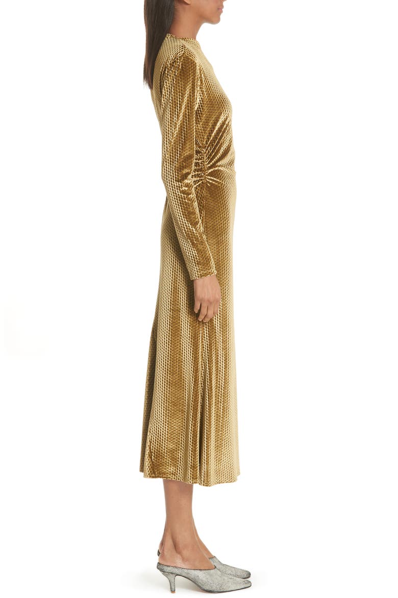 Ruched Velvet Jacquard Midi Dress, Alternate, color, GOLD