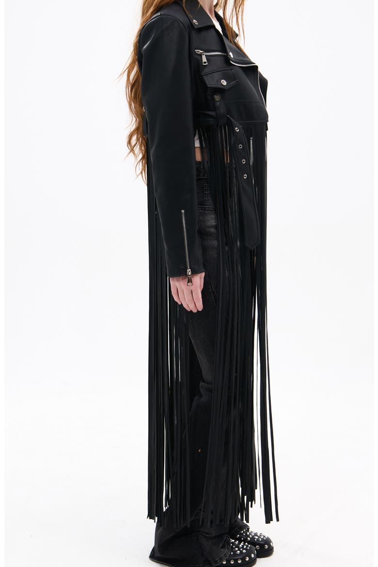 Maxi Fringe Faux Leather Moto Jacket, Alternate, color, BLACK