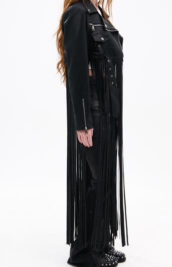Maxi Fringe Faux Leather Moto Jacket