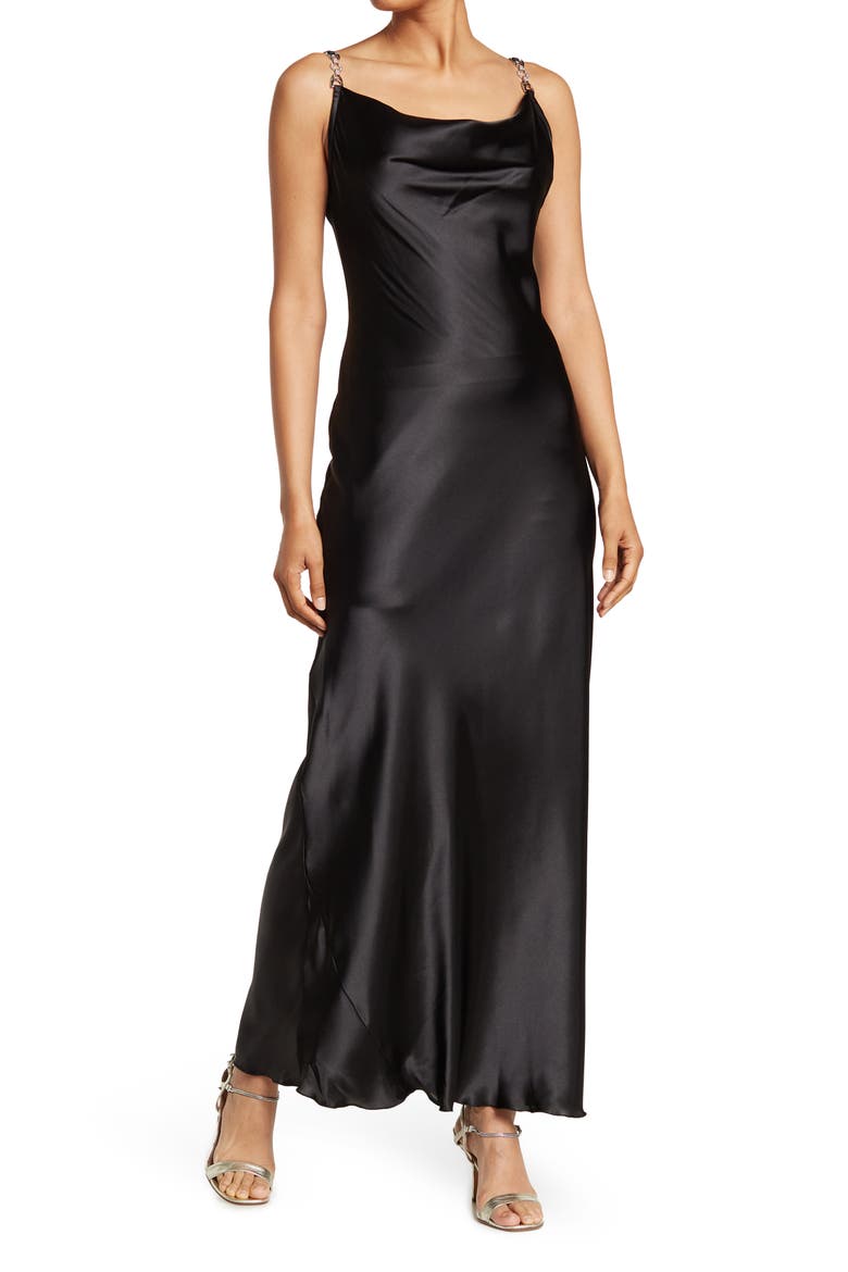 Solid Long Satin Slip Dress, Main, color, BLACK