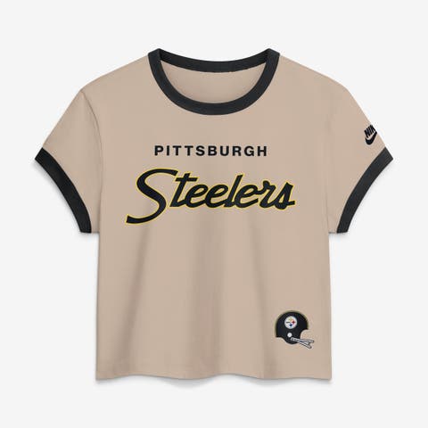 Women's Nike Beige Pittsburgh Steelers Rewind Ringer Mod Cropped T-Shirt