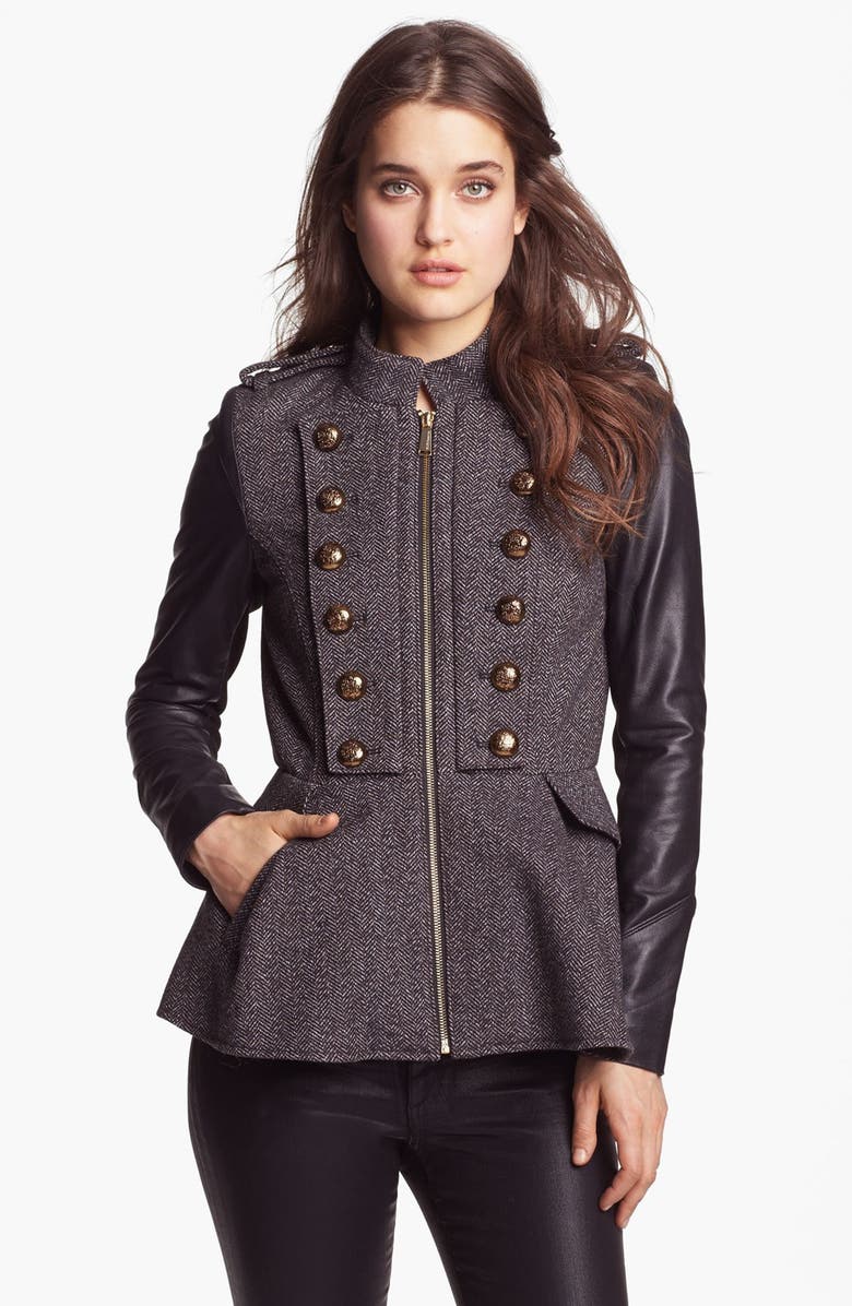 BCBGeneration Tweed & Faux Leather Military Jacket, Main, color, 