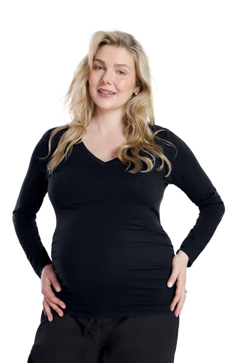 MOTHERHOOD MATERNITY V-Neck Side-Ruched Maternity Long Sleeve Tee, Main, color, Black