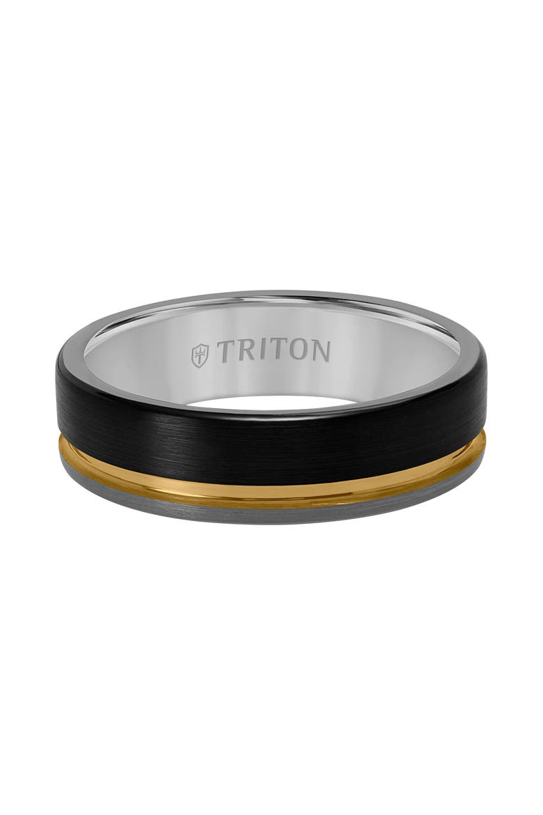 6.5MM Tungsten Carbide Ring with Black, Yellow and Grey Tungsten Center Groove and Brushed Finish with Flat Edge, Alternate, color, Metallic Silver