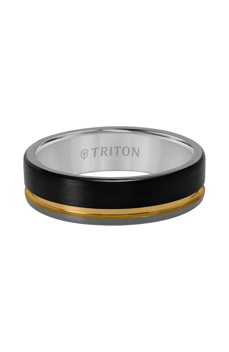 Triton 6.5MM Tungsten Carbide Ring with Black, Yellow and Grey Tungsten Center Groove and Brushed Finish with Flat Edge, Alternate, color, 