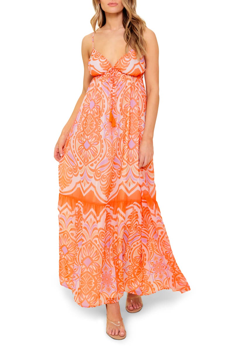 FLYING TOMATO Drawstring V-Neck Maxi Dress, Main, color, Coral