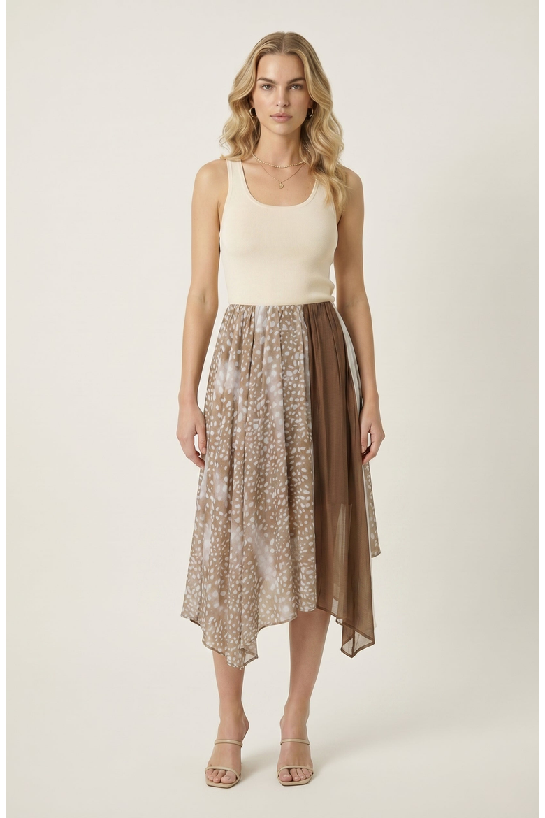 Printed Sheer Overlay Asymmetrical Panel Midi Skirt, Alternate, color, Brown