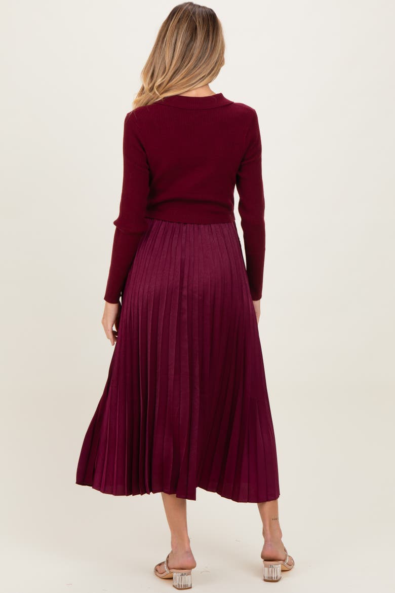 Collared Knit Contrast Pleated Skirt Midi Dress, Alternate, color, Burgundy