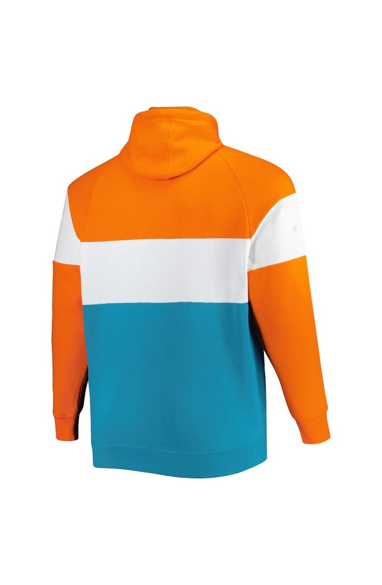 New Era Men's New Era Orange/Aqua Miami Dolphins Big & Tall Throwback Colorblock Fleece Raglan Pullover Hoodie, Alternate, color,