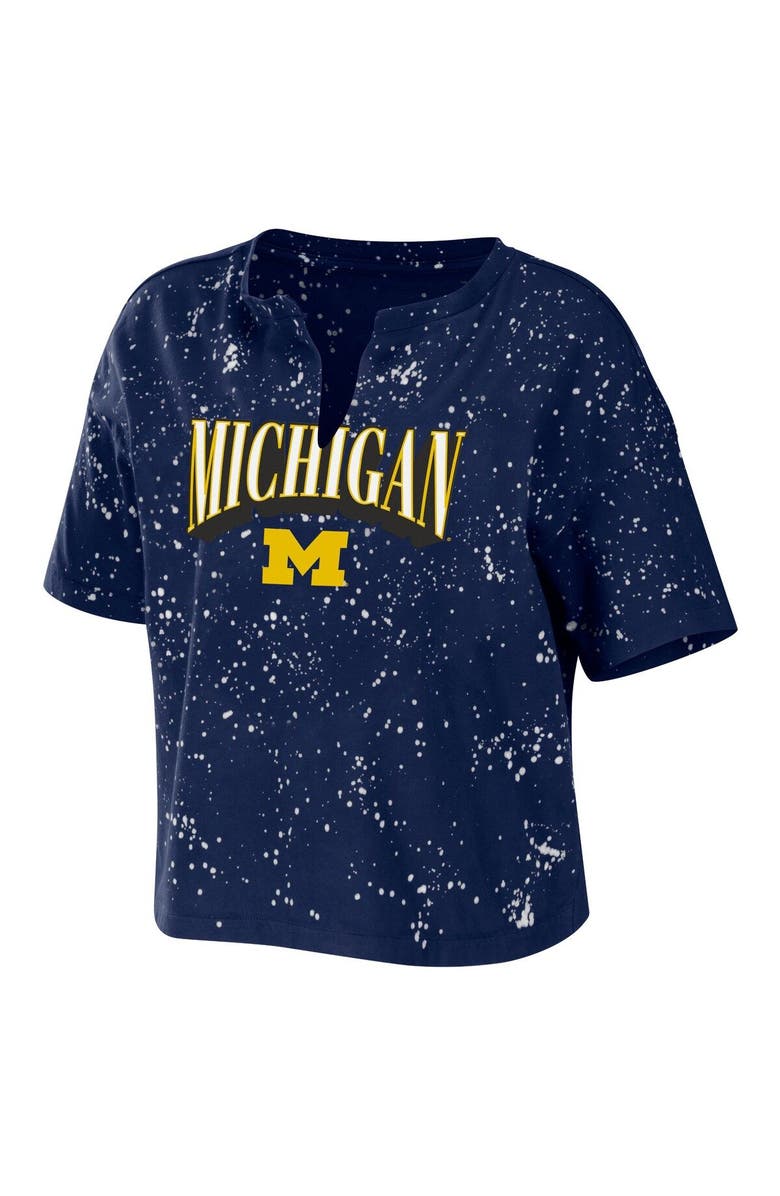 WEAR by Erin Andrews Women's WEAR by Erin Andrews Navy Michigan Wolverines Bleach Wash Splatter Cropped Notch Neck T-Shirt, Alternate, color, Navy
