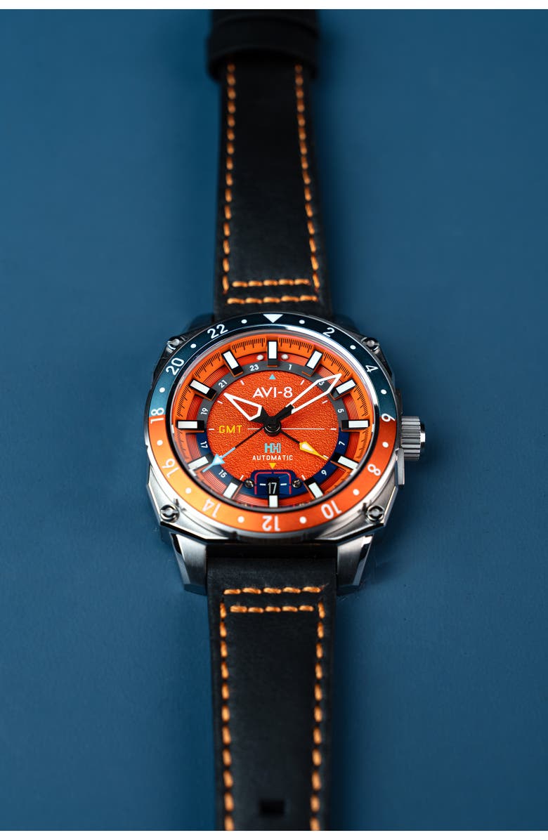 AVI-8 Hawker Hunter Atlas GMT Movement Leather Strap Watch, 44mm, Alternate, color, 