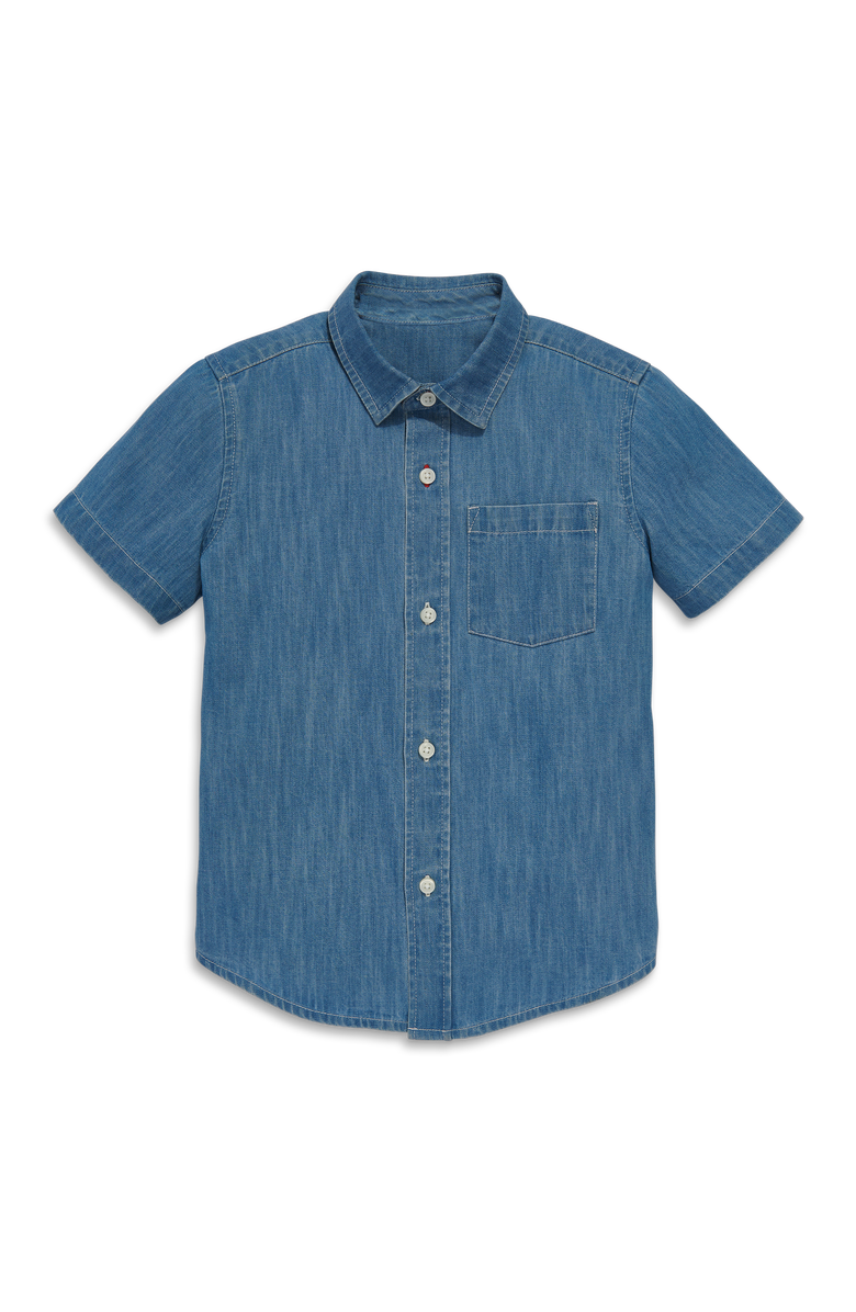 Primary Kids Short Sleeve Chambray Button Down, Main, color, Chambray