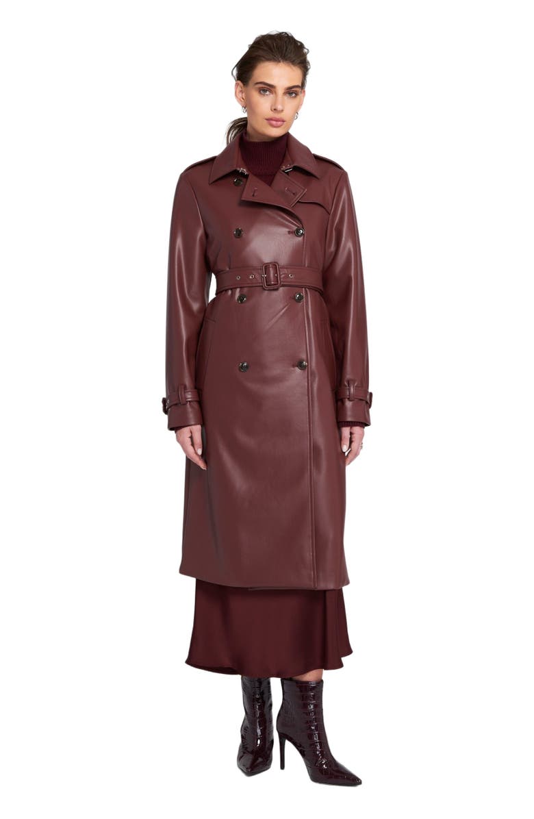 ELLE Collection Faux Leather Trench Coat, Main, color, Wine