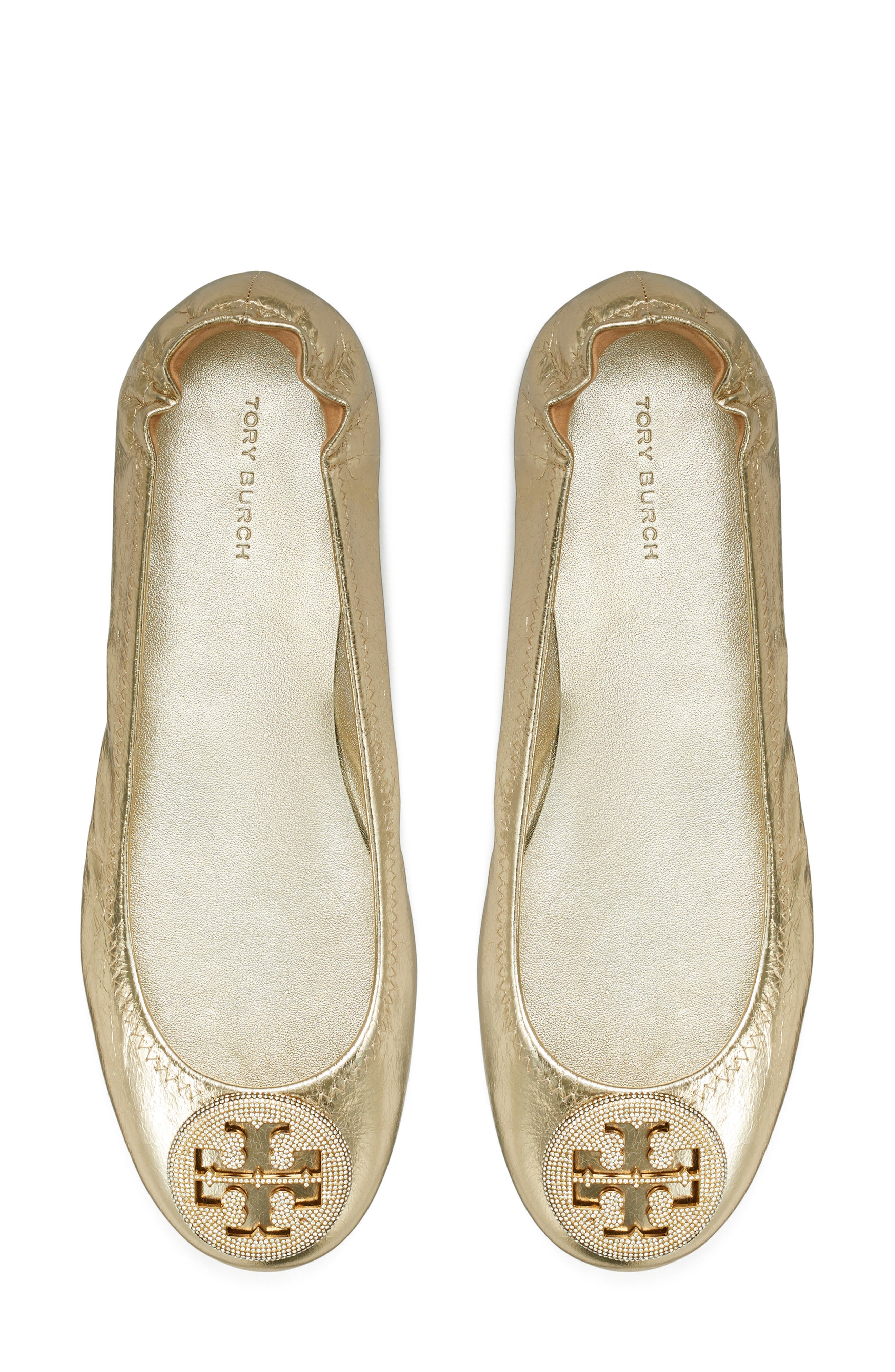 Tory Burch Minnie Pavé Logo Ballet Flat, Alternate, color, Spark Gold / Spark Gold