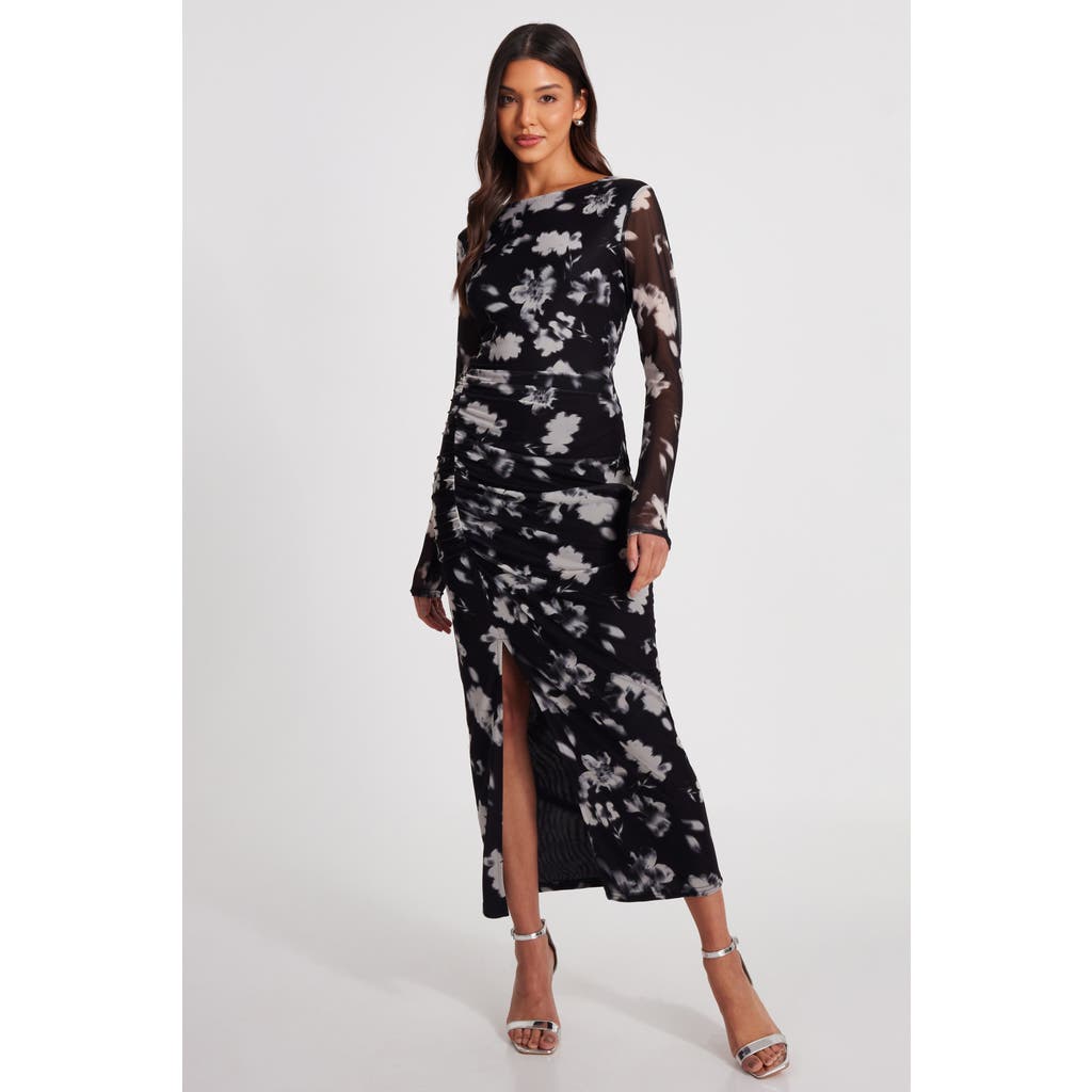 Quiz Mesh Floral Long Sleeve Maxi Dress In Black
