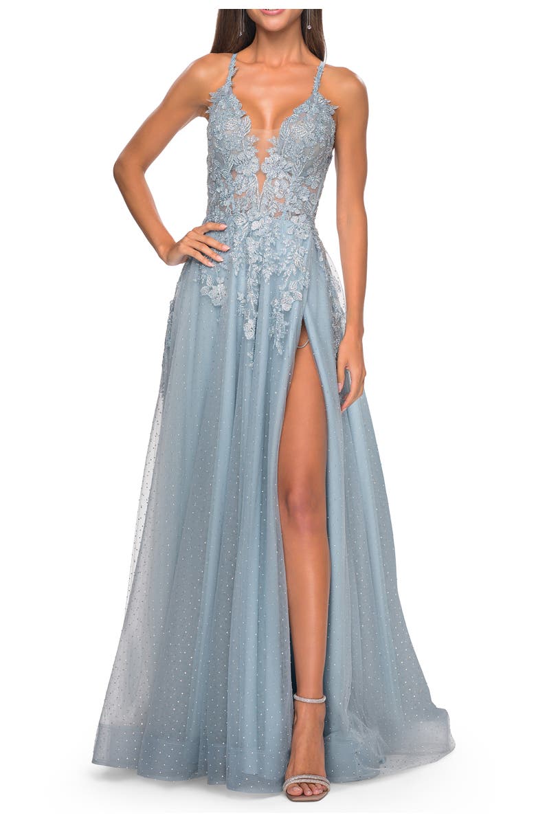La Femme Lace Embellished A-line Dress with Lace Up Back, Alternate, color, Light Blue