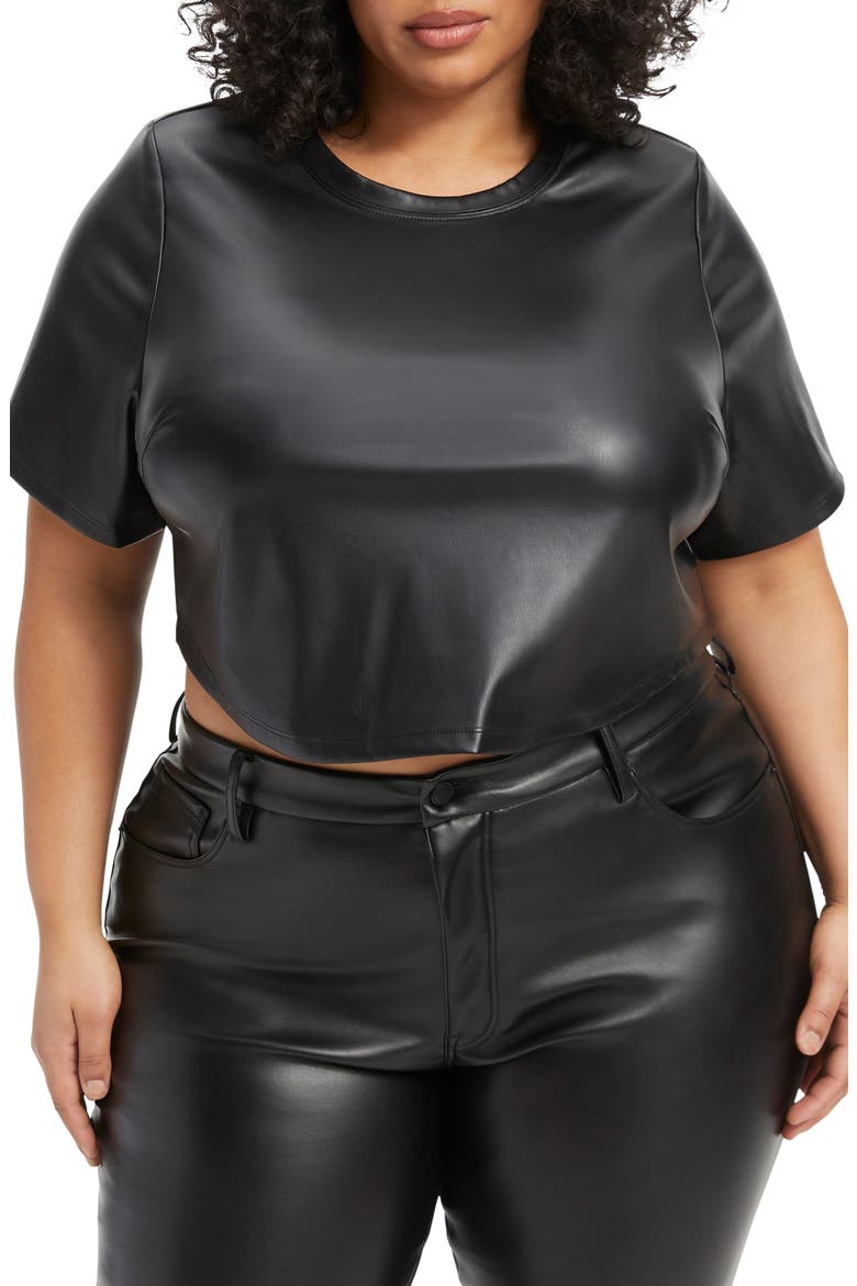 Crop Faux Leather Tee, Alternate, color, BLACK001
