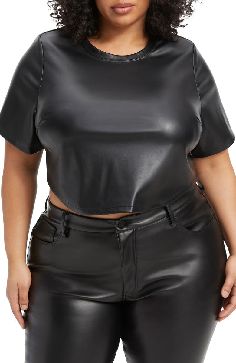 Good American Crop Faux Leather Tee, Alternate, color, Black001