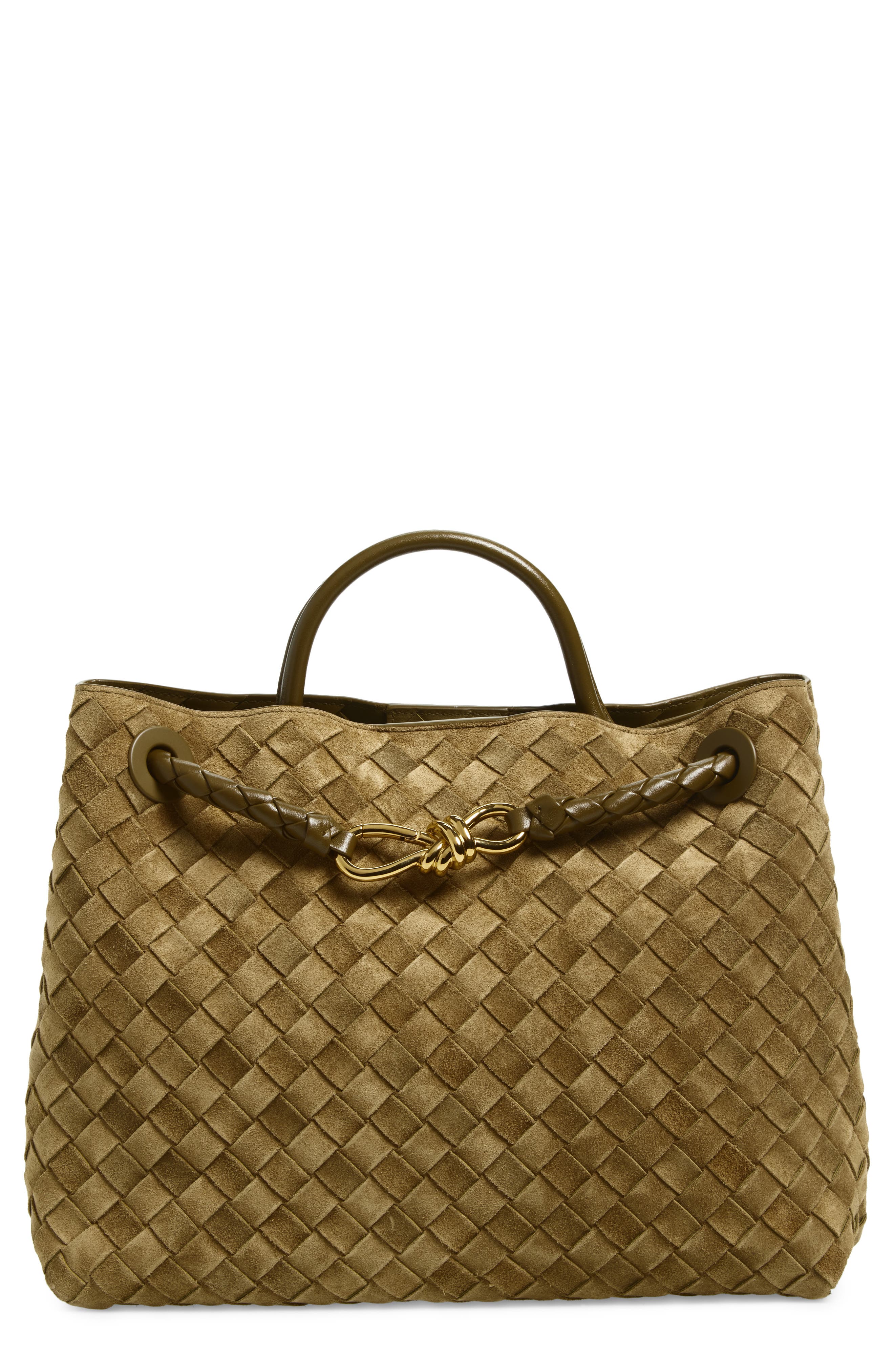 Bottega Veneta Medium Andiamo Intrecciato Suede Shoulder Bag, Main, color, Mud