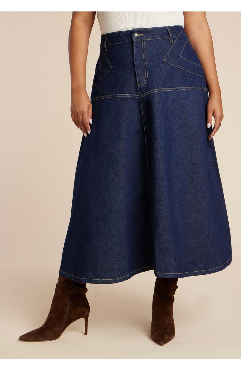 ELOQUII Denim Maxi Skirt With Seam Detail, Alternate, color, Dark Rinse