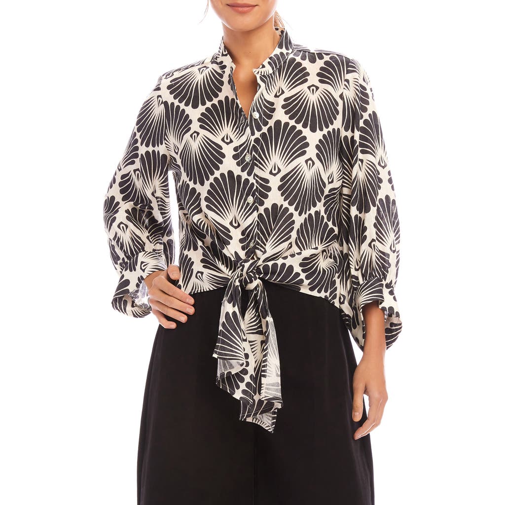 Karen Kane Shell Print Tie Front Linen Button-up Top In Print