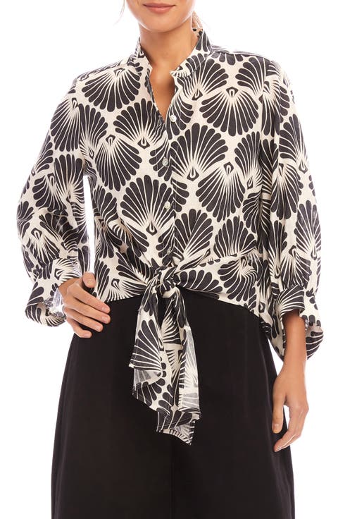 Karen Kane Shell Print Tie Front Linen Button-Up Top (Petite)
