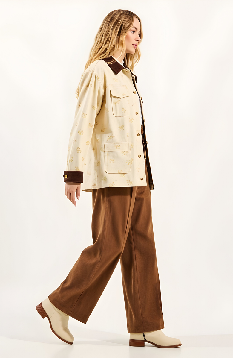 Modenaire Floral Print Utility Jacket with Contrast Corduroy Collar and Cuffs, Alternate, color,