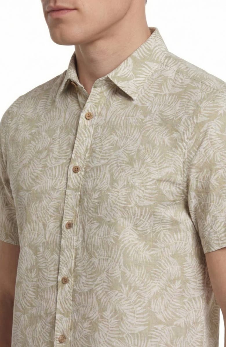 Report Collection Palm Leaf Print Short Sleeve Linen & Cotton Blend Button-Up Shirt, Alternate, color, Moss