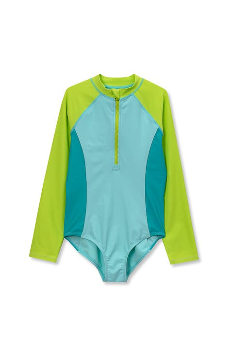 Girls Long Sleeve Half Zip One Piece Upf 50 Swimsuit