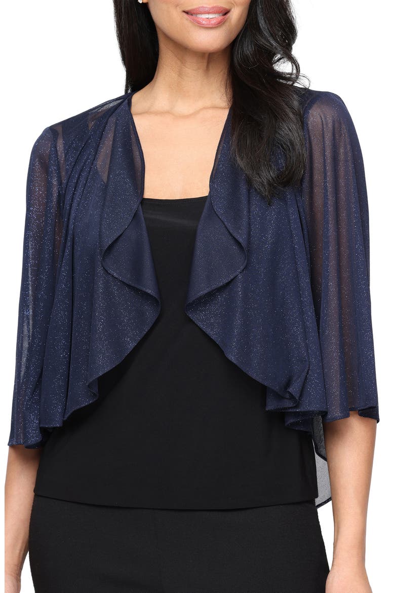 Three-Quarter Sleeve Glitter Mesh Cover-Up Jacket, Main, color, DARK NAVY