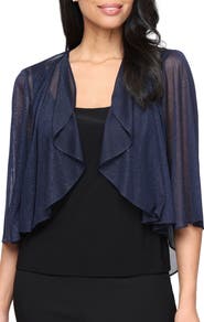 Alex Evenings Three-Quarter Sleeve Glitter Mesh Cover-Up Jacket