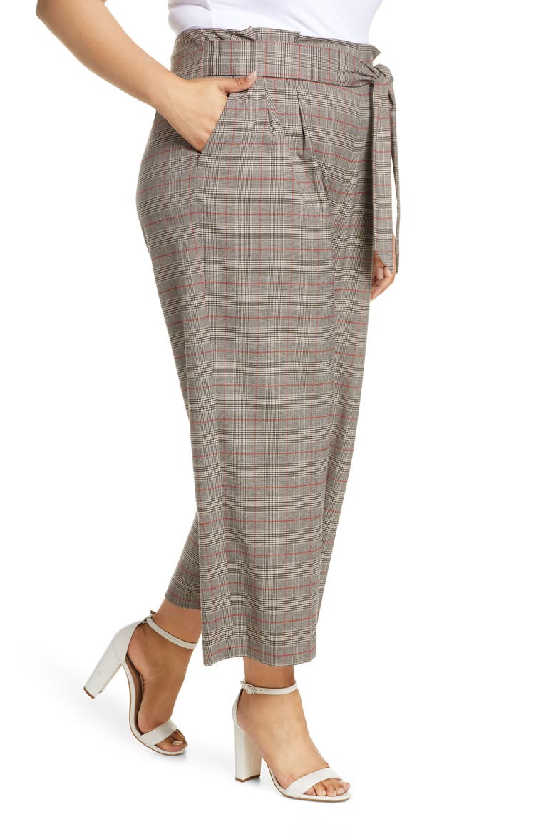 Acoustic Plaid Paperbag Waist Crop Pants, Alternate, color, RICH BLACK