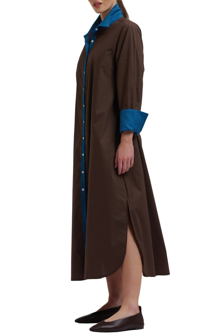 Denim Trimmed Cotton Shirtdress, Alternate, color, CHOCOLATE