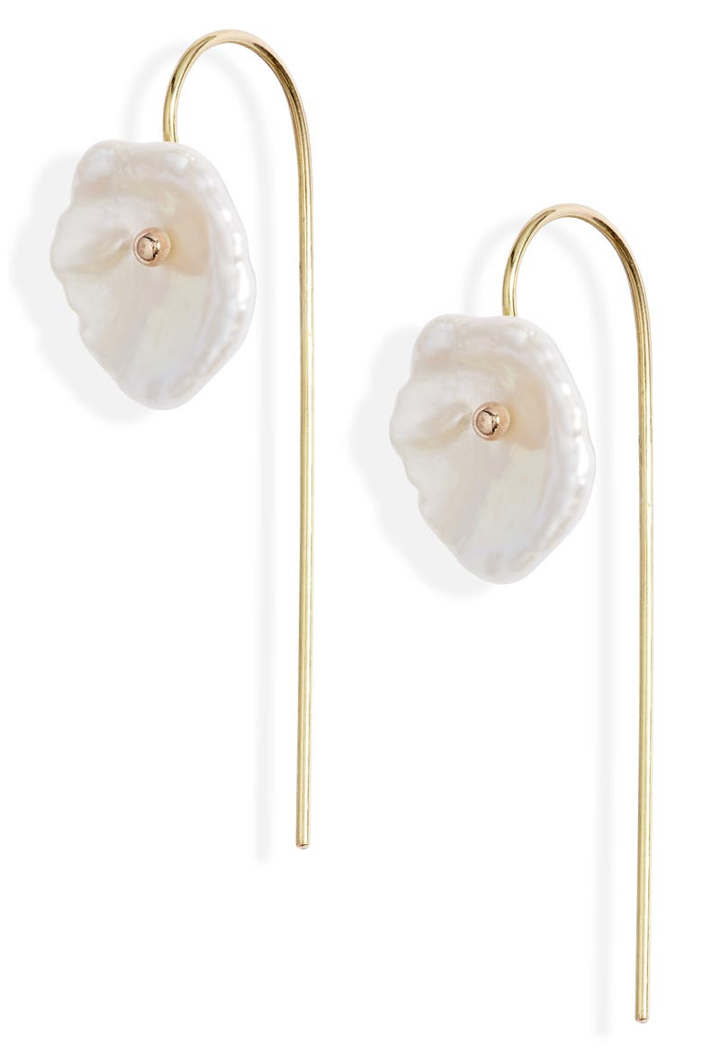 Petal Pearl Threader Earrings, Main, color, YELLOW GOLD/ PEARL