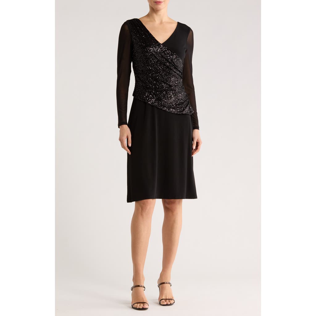 Connected Apparel Sequin Drape Detail Long Sleeve Dress In Black