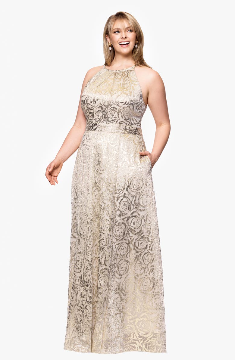 Betsy & Adam Rose Crinkle Foil Sleeveless Gown, Alternate, color, Champagne/ Gold