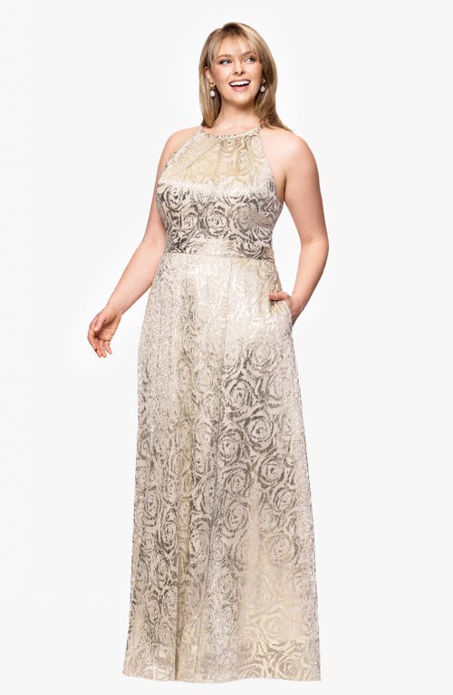 Betsy & Adam Rose Crinkle Foil Sleeveless Gown